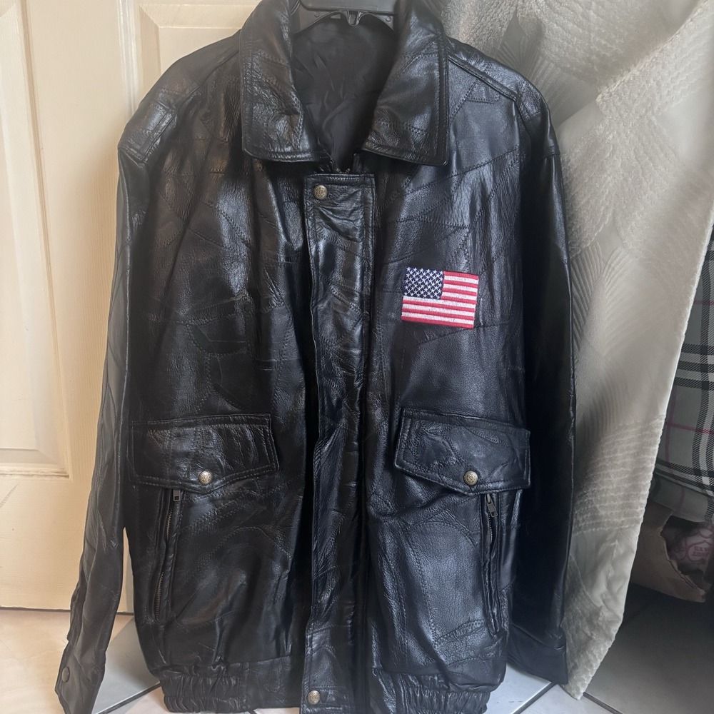 Vintage God Bless America USA Patchwork Black Leather Motorcycle Jacket Mens L